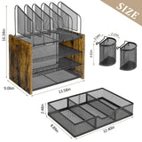 DAOUTIME 4-Tier Mesh Desk Organizer, Wooden Desk File Organizer with 5 Vertical File Holders and 2 Pen Holders, Desktop Organizers and Accessories with Drawer for Home Office