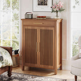 Tribesigns Shoe Cabinet, 5-Tier Shoe Storage Cabinet with Louvered Doors and Drawer, Freestanding Wooden Shoe Rack Organizer with Adjustable Shelves for Entryway, Hallway, Closet, Brown