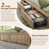 CypBed King Size Bed Frame with 2 Storage Drawers, Charging Port & LED Light, Wood King Bed Frame and 2-Tier Headboard,Farmhouse Wavy Design, Metal Platform, Noise-Free, No Box Spring Needed, Wood