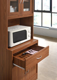 Hodedah Long Standing Kitchen Cabinet with Top & Bottom Enclosed Cabinet Space, One Drawer, Large Open Space for Microwave, Cherry
