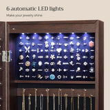 SONGMICS 6 LEDs Mirror Jewelry Cabinet, 47.2-Inch Tall Lockable Wall or Door Mounted Jewelry Armoire Organizer with Mirror, 2 Drawers, 3.9 x 14.6 x 47.2 Inches, Brown UJJC93K