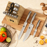 14-Piece Knife Set with Natural Wood Block, Stainless Steel Kitchen Knife Block Set with Ergonomic Handles, Includes Steak Knives, Dishwasher Safe