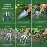 7-Piece Gardening Tool Set – Stainless Steel Tools with Wooden Handles, Folding Stool, and Canvas Tote Bag, Green and White