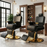 Felivine Reclining Barber Chair, Heavy Duty Hydraulic Barber Chair for Barbershop, Barber Salon Chairs with Vertical Stitch PU Leather, Adjustable Headrest & Footrest, 360° Swivel, Black and Gold