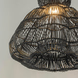 Modern 1-Light Matte Black Outdoor Coastal Boho 20 in. Scalloped Pendant Light for Patio with Wicker Rattan Shade