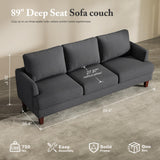 Busaurus 3 Seater Sofa Couch with Deep Seats, 89" Mid Century Modern Upholstered Sofa with Armrests, Comfy Couches for Living Room, Bedroom, Apartment and Office (Dark Grey)