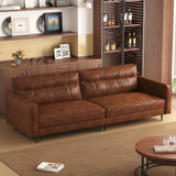 86.61" 3 Seater Brown Leather Sofa, Mid Century Modern Couch