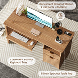 Bestier 55 Inch Computer Desk with Drawers, Power Outlet, Brown Oak