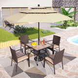 PHI VILLA 5pc Patio Dining Set with Umbrella, Square Table, Rattan Chairs
