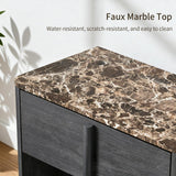 Nightstand Set of 2, 27" Wide Faux Marble & Wood Bedside Tables with Drawer and Open Shelf, Modern Curved End Tables with Rounded Body and Cylindrical Legs for Bedroom,Black Grey