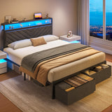 Fluest Queen Bed Frame with 2 Drawers, Upholstered Headboard with Storage and Charging Station, LED Lights, Fabric Drawers with Wheels, Under Bed Storage, No Box Spring Needed, Easy Assembly, Grey
