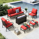 MFSTUDIO 6 Piece Metal Patio Furniture Set with Fire Pit Table, Red