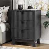 Xixini Fluted Nightstand with 3 Storage Drawers, 24" Wide Wood Bedside Table with Mental Handle, Mid Century Modern Wooden Side Table Night Stand, Curved End Table for Bedroom, Living Room, Black