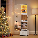 Lvifur 360° Swivel Jewelry Cabinet with Light and Side Sliding Door for Bedroom White,Standing Jewelry Armoires with Full Length Mirror&3 Photo Frames&Drawer&Movable Wheels for Cloakroom,Dressing Room