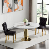 SSLine White Faux Marble Round Dining Table Set for 6 with Velvet Chairs