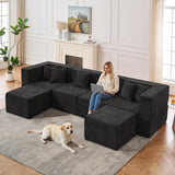 MONVANE 130'' Modular Sectional Cloud Couch for Living Room, 6 Seater Convertible Chenille Couches Set with Ottoman & Pillow, No Assembly Compression Sofas, Comfy Floor Sofa with Memory Foam, Black
