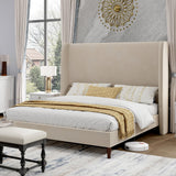 PaPaJet King Bed Frame Velvet Upholstered 51.2" Tall Headboard, Off-White