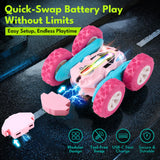 Threeking Pink Remote Control Car RC Flip Stunt Double Sided Driving Cars Toys for Girls Ages 6-12, USB-C Modular Batteries, 4WD 360° Flips with Breathing Soft Lights, Presents Gifts for Kids