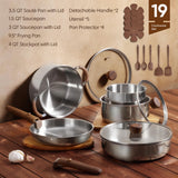 CAROTE 19pcs Stainless Steel Cookware Set with Detachable Handle, Pots and Pans Set, Induction Kitchen Cooking Sets, RV/Camping Cookware, Removable Handle, Oven Safe, Woodgrain