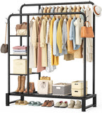 Double Rods Clothes Rack Clothing Rack with 4 Tier Storage Shelves Clothes Rack for Hanging Clothes Multifunctional Heavy Duty Clothes Organizer with Hooks for Bedroom,Wardrobe Closet,Shop,Black