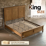 LUXOAK Solid Wood King Bed Frame, Traditional Platform Bed with 65.2" High Headboard, Heavy Duty Wooden Slats, No Box Spring Needed, Easy Assembly, Light Brown