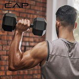 CAP 150 LB Rubber Coated Hex Dumbbell Hand Weight Set with Vertical Storage Rack | Black Handle