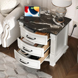 RECHHX Solid Wood Curved Nightstand with Charger Station, Water-Based Painted Bedside Tables with 3 Drawer Storage, Farmhouse End Table with Carved for Bedroom, Living Room, White