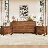 Furniway Walnut Mid-Century Modern 3 Piece Bedroom Furniture Set, 6 Drawer Dresser with Handleless Wood Grain Design and Nightstands Set of 2, Minimalist Storage Dresser for Bedroom