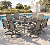 PHI VILLA Outdoor Dining Set for 8, Swivel Mesh Chairs & Square Table,Brown