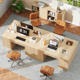 Vabches 59 Inch Fluted Computer Desk with 9 Drawers, Natural