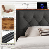 iPormis Full Bed Frame with 2 Storage Drawers, Linen Upholstered Headboard Platform Bed with Charging Station, No Box Spring Needed, Metal Slats Support, Noise-Free, Easy Assembly, Grey