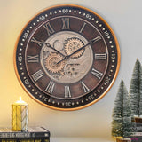 CLXEAST 24 Inch Wall Clock with Moving Gears,Oversized Large Industrial Steampunk Style, Antique Gold Metal Roman Numeral Wall Clocks for Farmhouse Living Room Decor