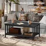 Coffee Table for Living Room with Slatted Sides Frame, Modern Farmhouse Living Room Table with 2-Tier Storage Shelf for Home Office, Apartment, 39 inch, Black