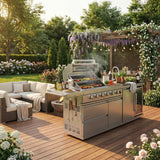RENDGO Modular Outdoor Kitchen Island, 6-Burner Gas Grill, 75300 BTU,Silver
