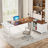 70.8-Inch Executive Desk with 55-Inch File Cabinet, Large L Shaped Computer Desk | Walnut & White Tribesigns