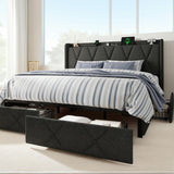 nesture. King Storage Bed Frame with 4 Large Drawers, Platform Bed with Upholstered Button Headboard & Charging Station, Wingback Storage Headboard, Noise-Free, No Box Spring Needed, Dark Grey