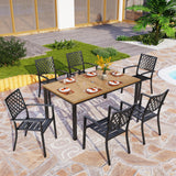 PHI VILLA Outdoor Dining Set for 6& 65”Wood-Like Metal Table