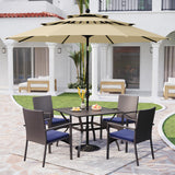 PHI VILLA 5pc Patio Dining Set with Umbrella, Square Table, Rattan Chairs