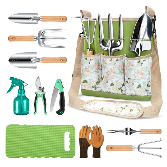 All-in-One Garden Tool Set, 11-Piece Heavy Duty Gardening Tools with Ergonomic Canvas Shoulder Crossbody Bag