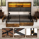 BRELTAM King Bed Frame with 6 Storage Drawers, Linen Upholstered Headboard, Built-in USB Charging Station & LED Lighting, Silent Metal Support, No Box Spring Needed, Vintage Brown