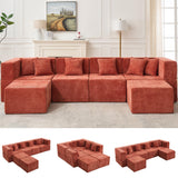 MONVANE Modular Sectional Cloud Couch for Living Room - 130'' 6 Seater Convertible Chenille Couches Set with Ottoman, No Assembly Compression Sofas, Comfy Floor Sofa with Memory Foam, Rust Red