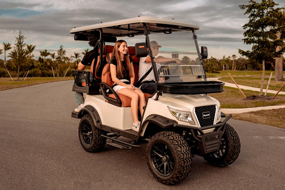 Paladin Luxury Golf Carts 2+2 Pure White, Brown Row Seats, Brown Stitching, Black Dashboard.