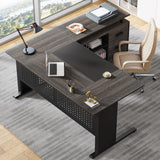 63 Inch Executive Desk with File Cabinet, L Shaped Office Desk with Drawers and Storage Shelves