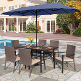 PHI VILLA 7pc Patio Dining Set with Blue Umbrella, 6 Rattan Chairs