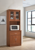 Hodedah Long Standing Kitchen Cabinet with Top & Bottom Enclosed Cabinet Space, One Drawer, Large Open Space for Microwave, Cherry