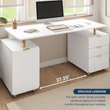 Techni Mobili 57"W Computer Desk w/ 3 Drawers & Storage Cabinet, White/Gold