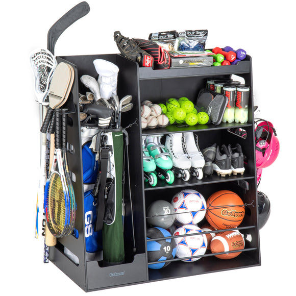 GoSports Premium Wooden Sports Equipment Organizer with Storage Hooks - Golf Bag Rack and Multi-Sport Ball Bin GoSports
