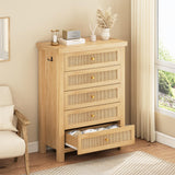 Natural Rattan Dresser for Bedroom with 5 Drawers, Wood Boho Chest of Drawers with Gold Metal Handle, Matte Top Bedroom Tall Dresser with Large Drawers for Living Room, Closet, Hallway, (Nartual)