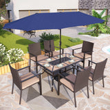 PHI VILLA 7pc Patio Dining Set with Umbrella, Wood-top Table, Rattan Chairs