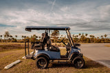 Paladin Luxury Golf Carts 2+2 Ultra Marine Blue, Black Row Seats, White Stitching, Carbon Dashboard.